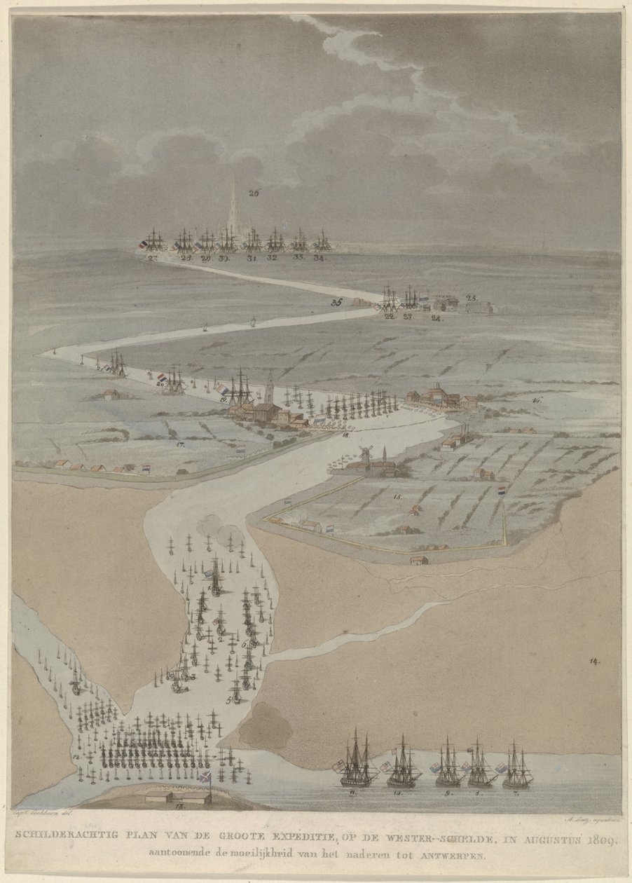 Vista aérea do Escalda Ocidental com frotas inglesas, holandesas e francesas, 1809 Plano pitoresco da grande expedição, no Escalda Ocidental em agosto de 1809 (título no objeto) de A. Lutz