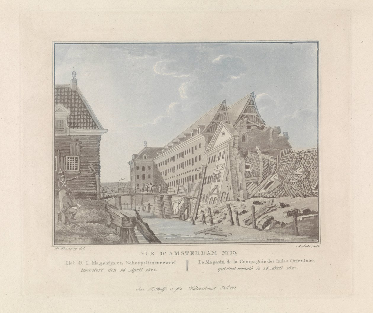 Vista do desmoronado East Indies Sea Warehouse em Amsterdã, 1822 O O. I. Armazém e Estaleiro / Le Magasin de la Compagnie des Indes Orientales (título no objeto) Vistas de Amsterdã (título da série) de A. Lutz