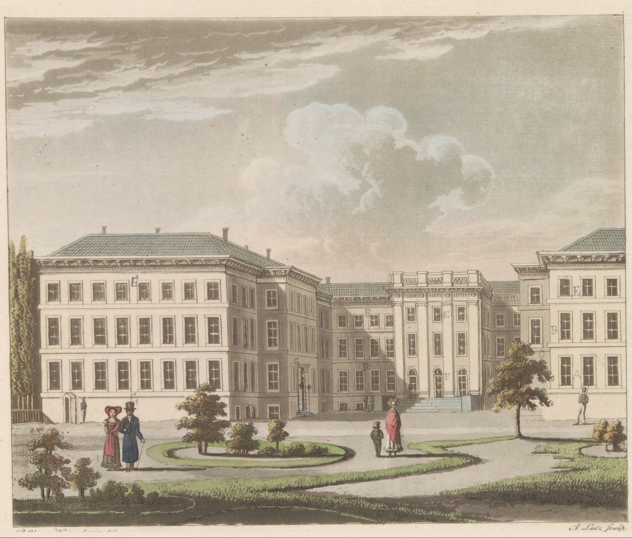 Palácio Noordeinde em Haia, 1810-1825 Le Palais royal à La Haye, vu du jardin / O Palácio Real de Haia, visto do lado do jardim (título no objeto) de A. Lutz