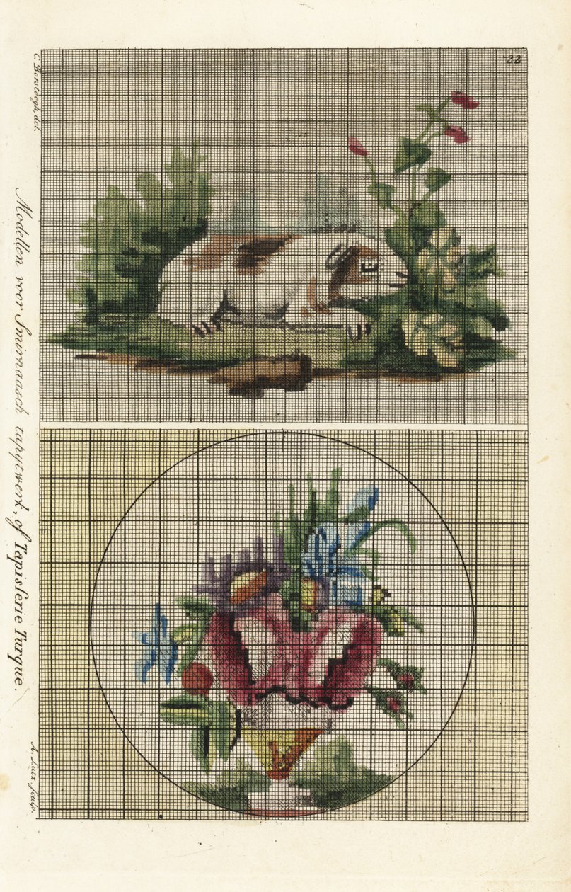 Padrões para tapeçaria turca: porquinho-da-índia num jardim e ramo de flores num vaso de A. Lutz