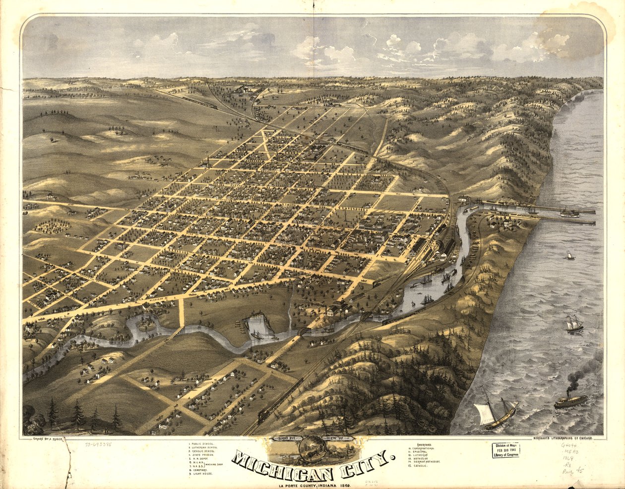 Vista panorâmica da cidade de Michigan, Condado de La Porte, Indiana de A.; MerchantS Lithographing Company Ruger