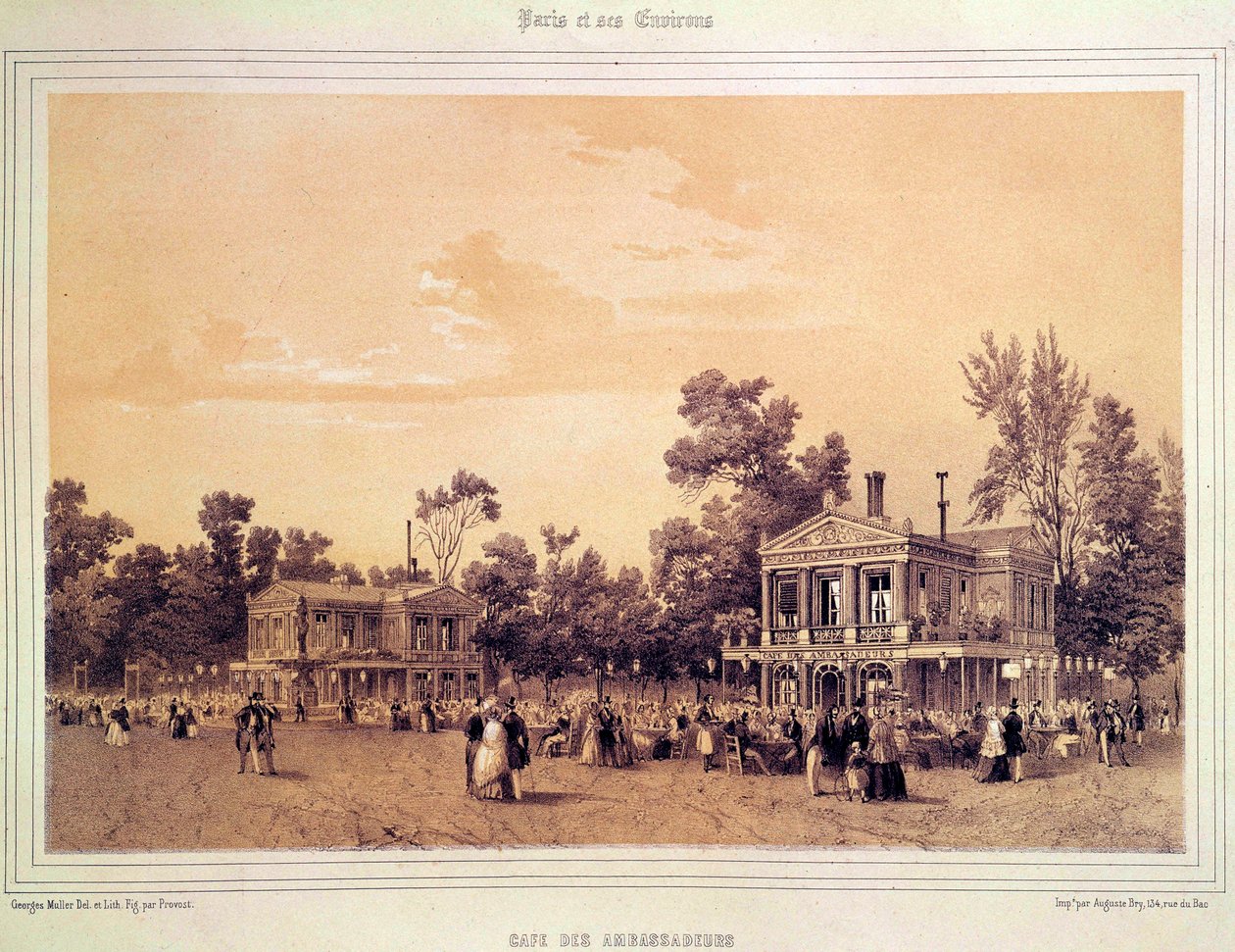 Vista do Café des Ambassadeurs no Champs Elysees em Paris Litografia de A. provost (activo por volta de 1834-1855) Paris, Musee Carnavalet de A Provost