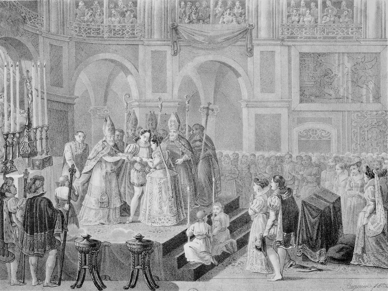 O casamento de Henri III (1553-1610) e Marguerite da França (1553-1615) em 1572, 1832 de A. Regnier