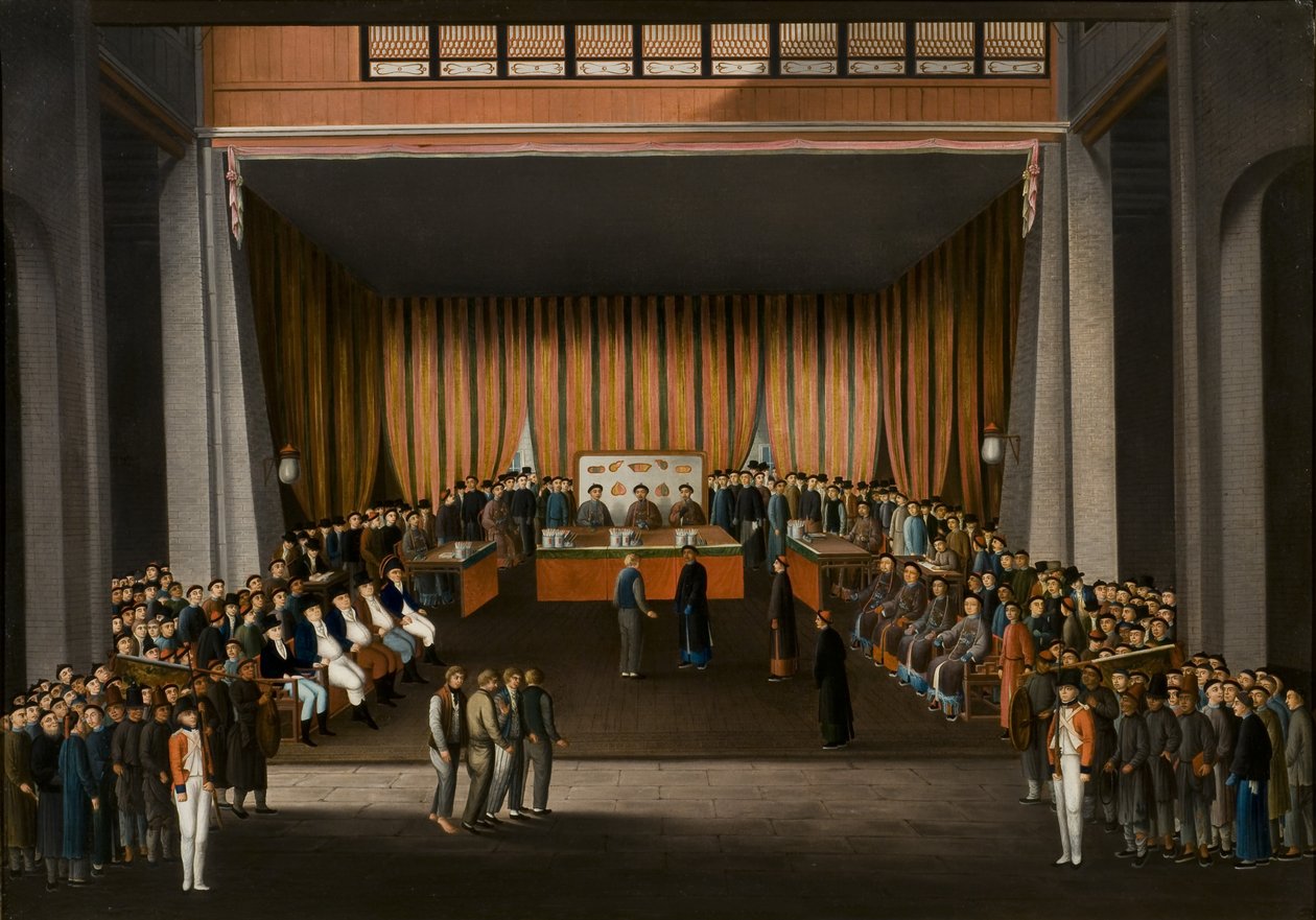 Tribunal de Justiça da China no salão da fábrica britânica em Canton, 9 de abril de 1807, c.1810 (óleo sobre papel) de A. Roland Knight