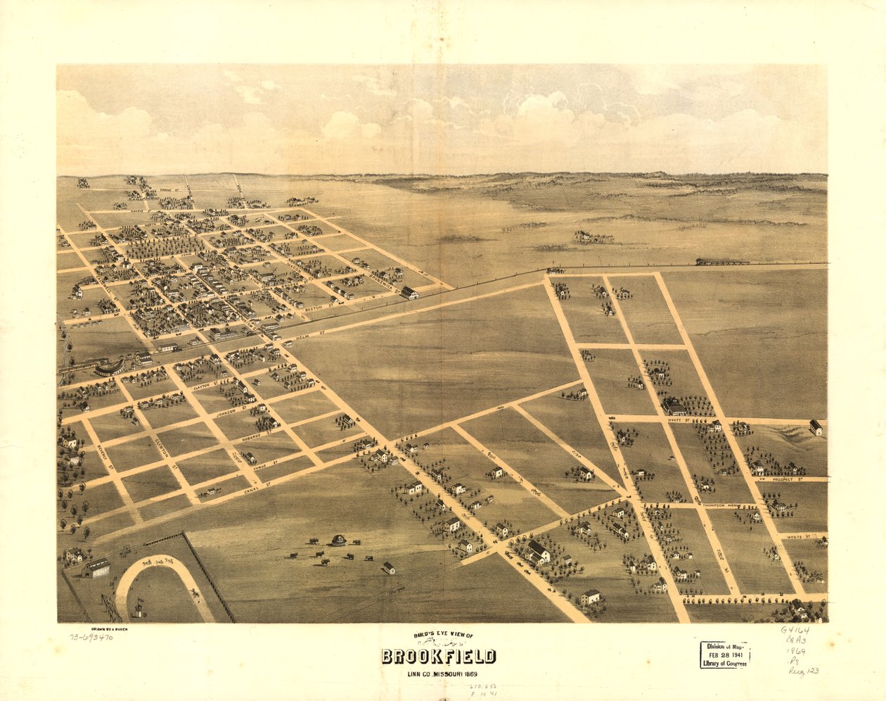 Vista aérea de Brookfield, Linn Co., Missouri, 1869. LOC 73693470 de A. Ruger