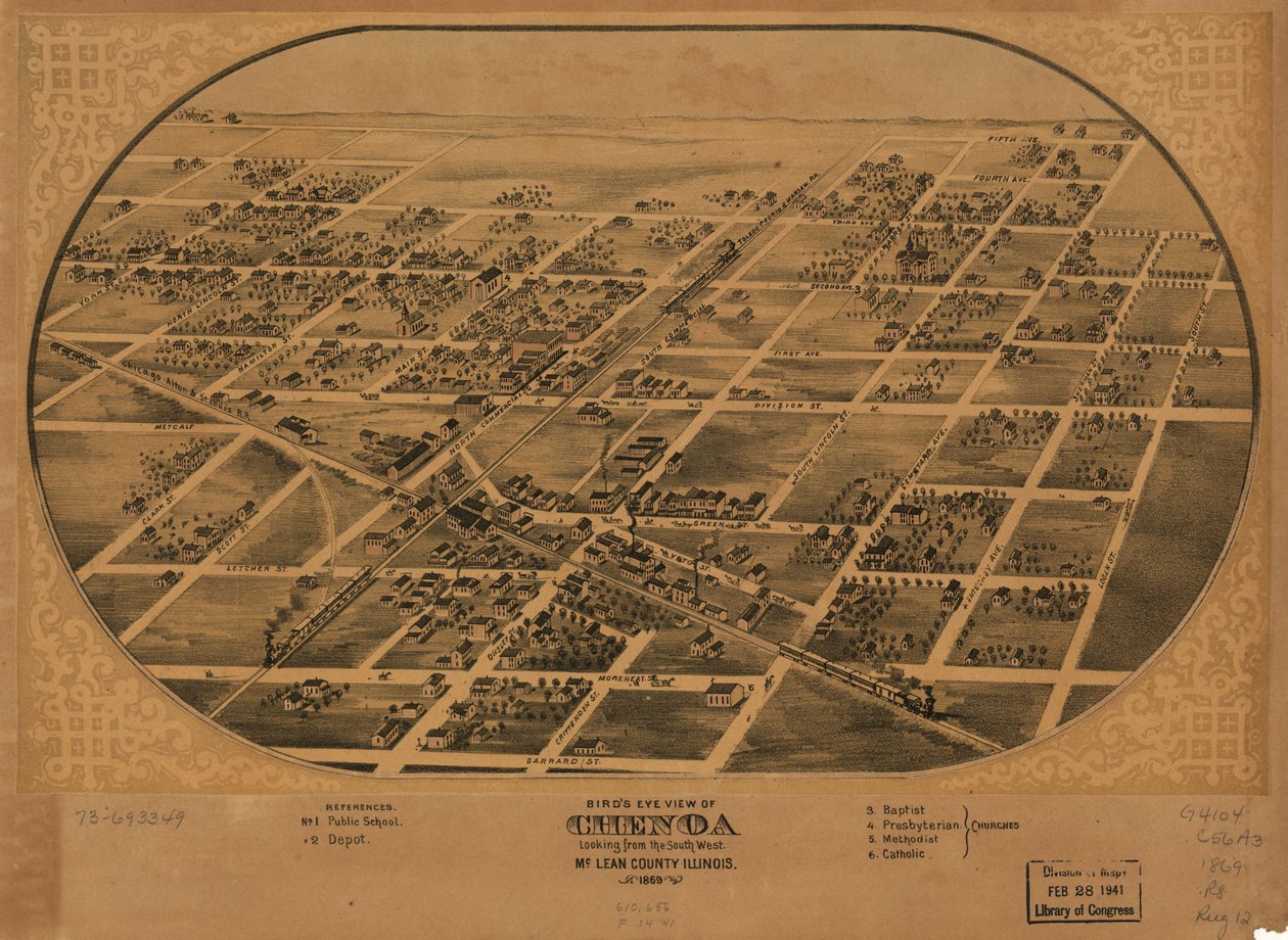 Vista aérea de Chenoa, condado de McLean, Illinois, 1869. LOC 73693349 de A. Ruger