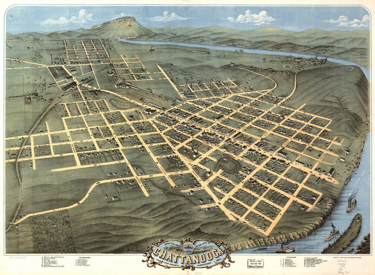 	Vista aérea da cidade de Chattanooga, Condado de Hamilton, Tennessee 1871. de A. Ruger