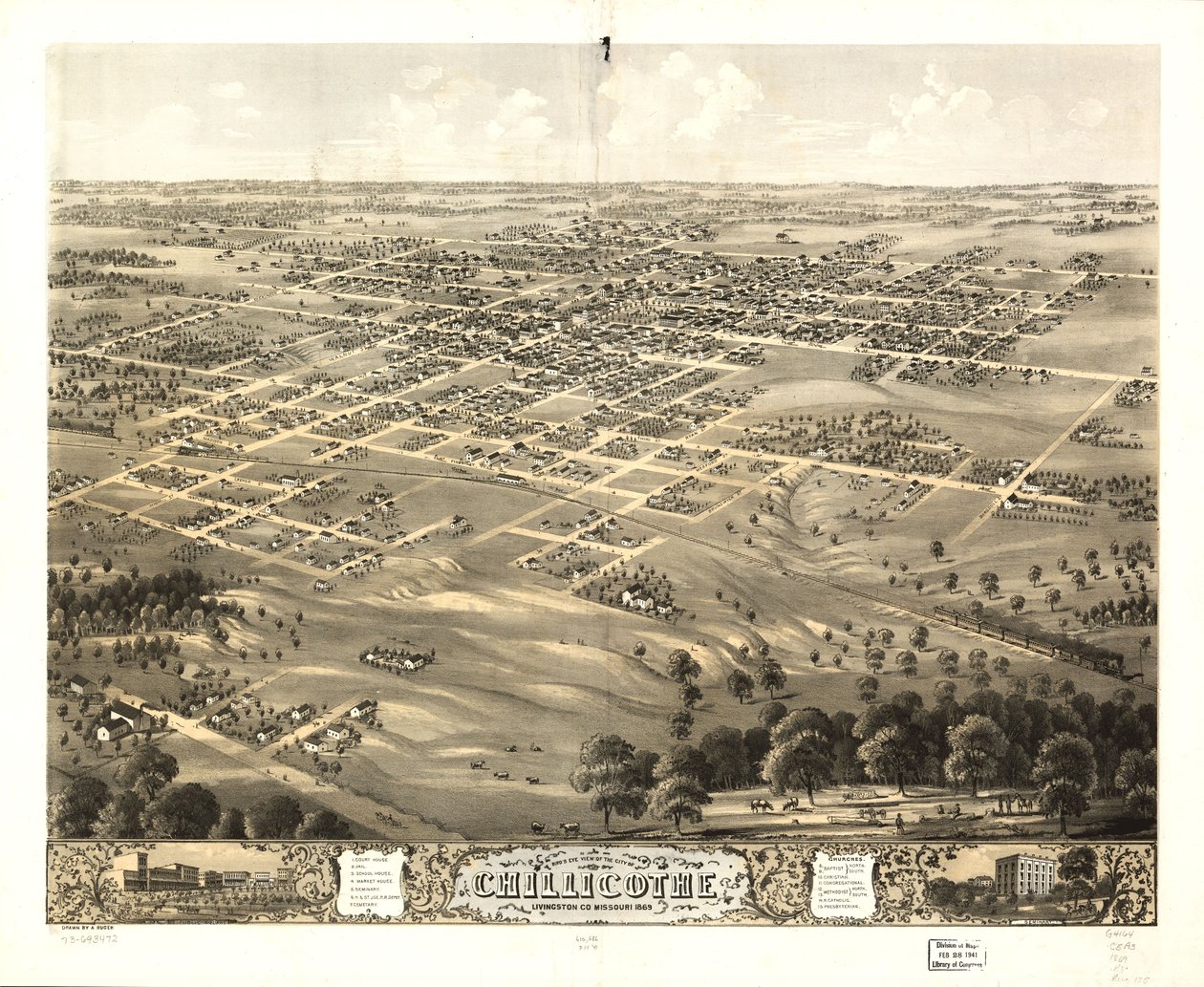 Vista aérea da cidade de Chillicothe, Livingston Co., Missouri, 1869. LOC 73693472 de A. Ruger