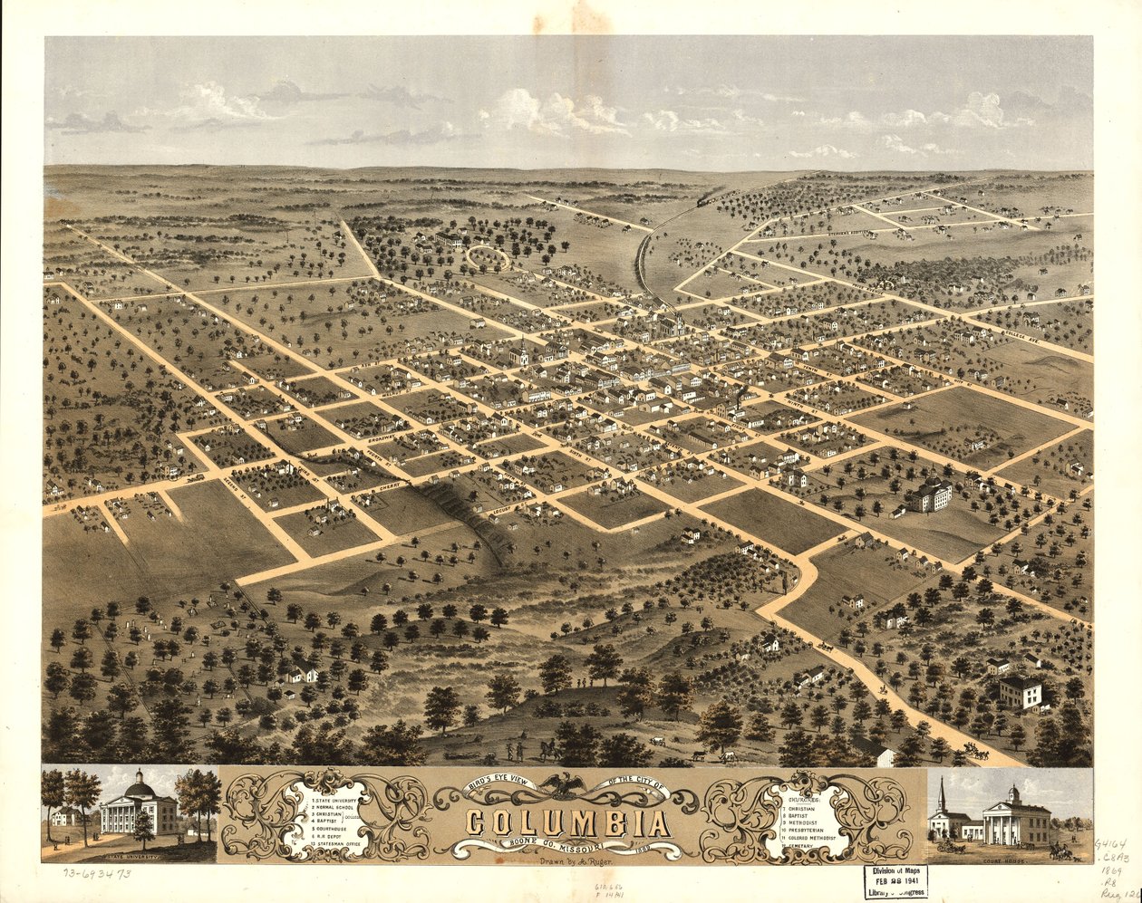 Vista aérea da cidade de Columbia, Boone Co., Missouri, 1869. LOC 73693473 de A. Ruger