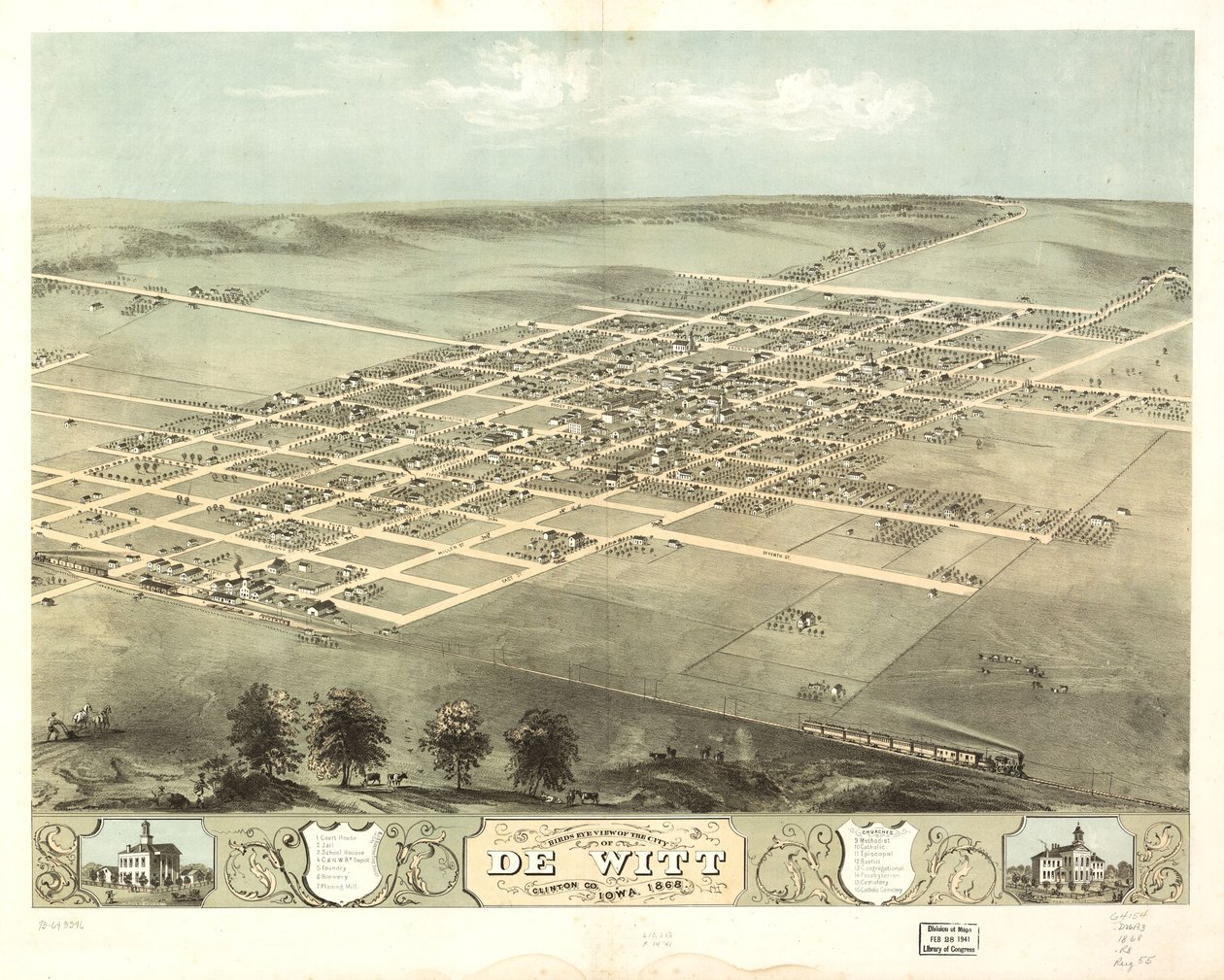 Vista aérea da cidade de De Witt, Clinton Co., Iowa 1868. LOC 73693396 de A. Ruger