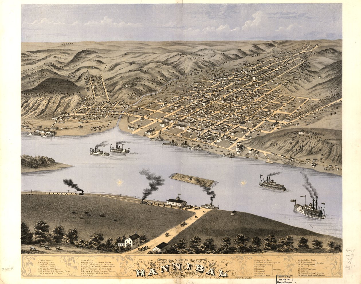 Vista aérea da cidade de Hannibal, Marion Co., Missouri, 1869. LOC 73693475 de A. Ruger