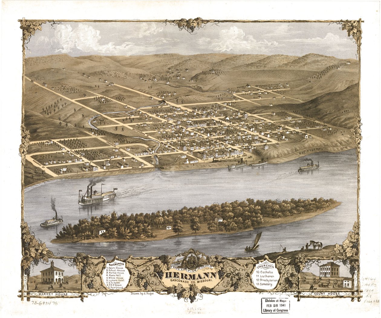 Vista aérea da cidade de Hermann, Gasconade Co., Missouri, 1869. LOC 73693476 de A. Ruger