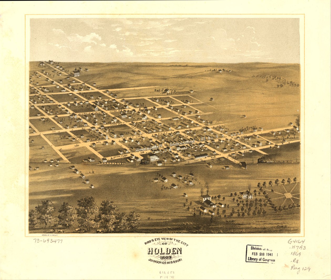 Vista aérea da cidade de Holden, Johnson Co., Missouri, 1869. LOC 73693477 de A. Ruger