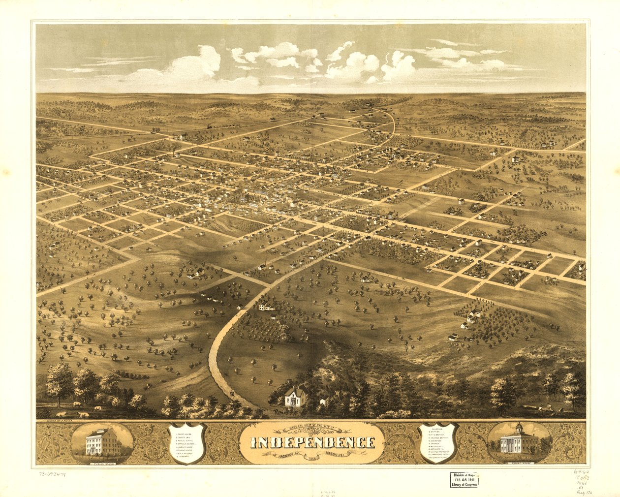 Vista aérea da cidade de Independence, Jackson Co., Missouri, 1868. LOC 73693478 de A. Ruger