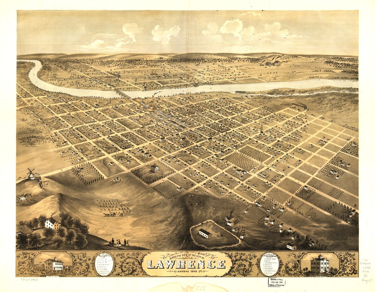 Vista aérea da cidade de Lawrence, Kansas, 1869. LOC 73693409 de A. Ruger