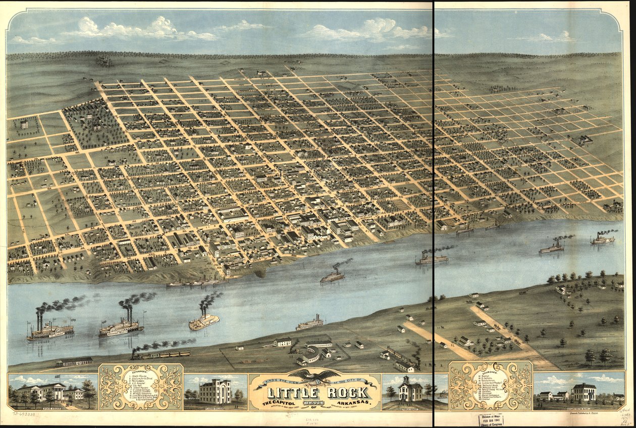 Vista de pássaro da cidade de Little Rock, a capital do Arkansas 1871. de A. Ruger