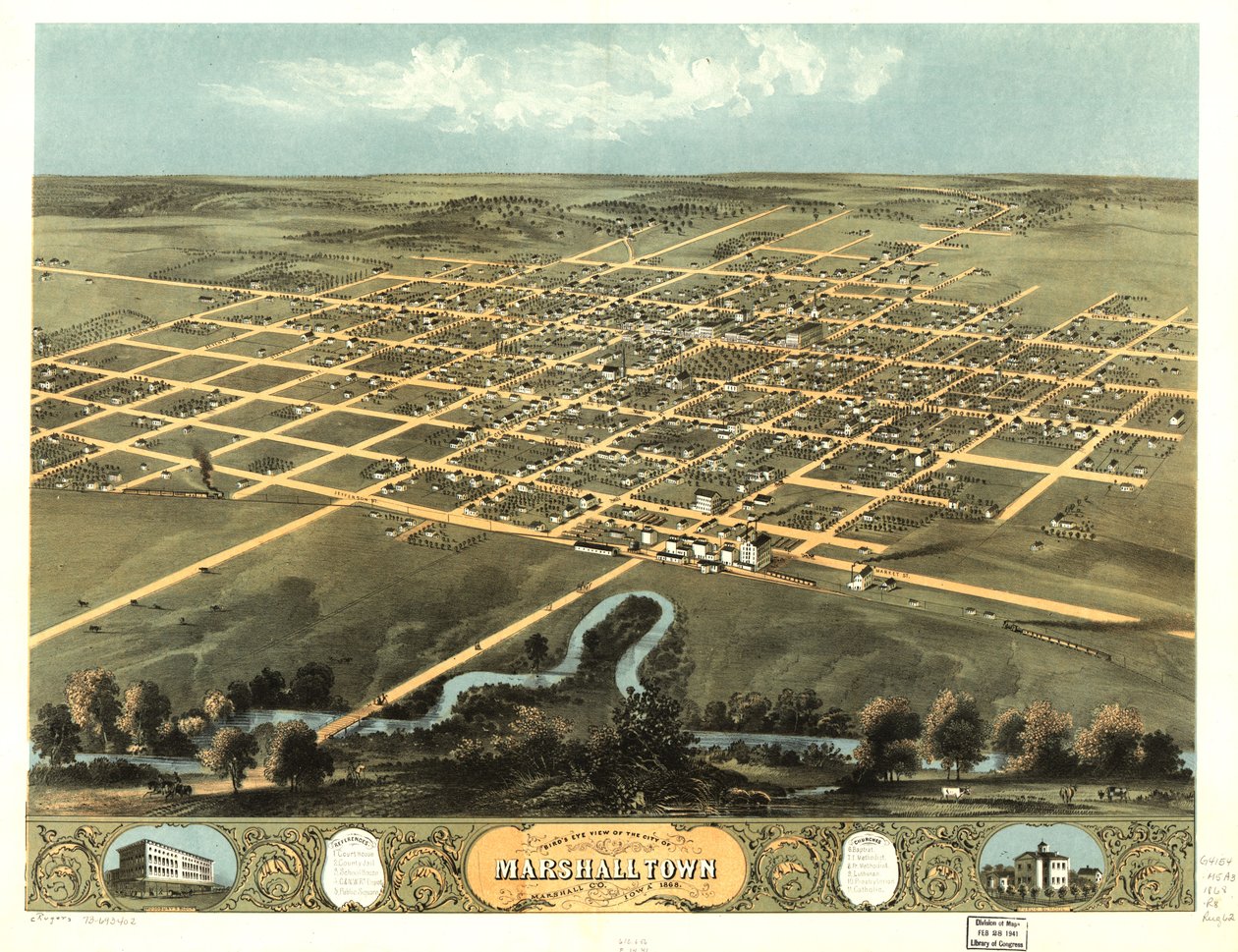 Vista aérea da cidade de Marshalltown, Marshall Co., Iowa 1868. LOC 73693402 de A. Ruger