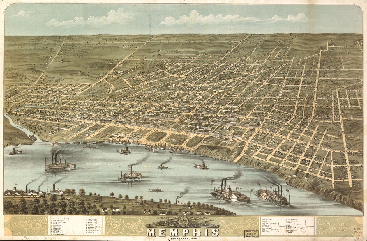 Vista aérea da cidade de Memphis, Tennessee, 1870. LOC 73694530 de A. Ruger