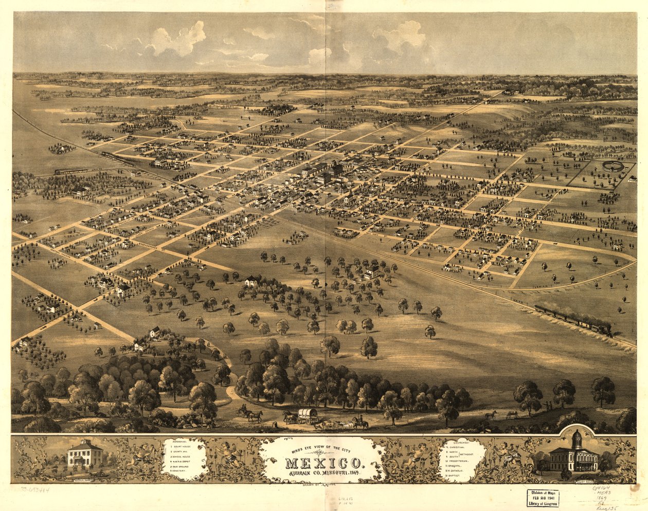 Vista aérea da cidade de Mexico, Audrian Co., Missouri 1869. LOC 73693484 de A. Ruger