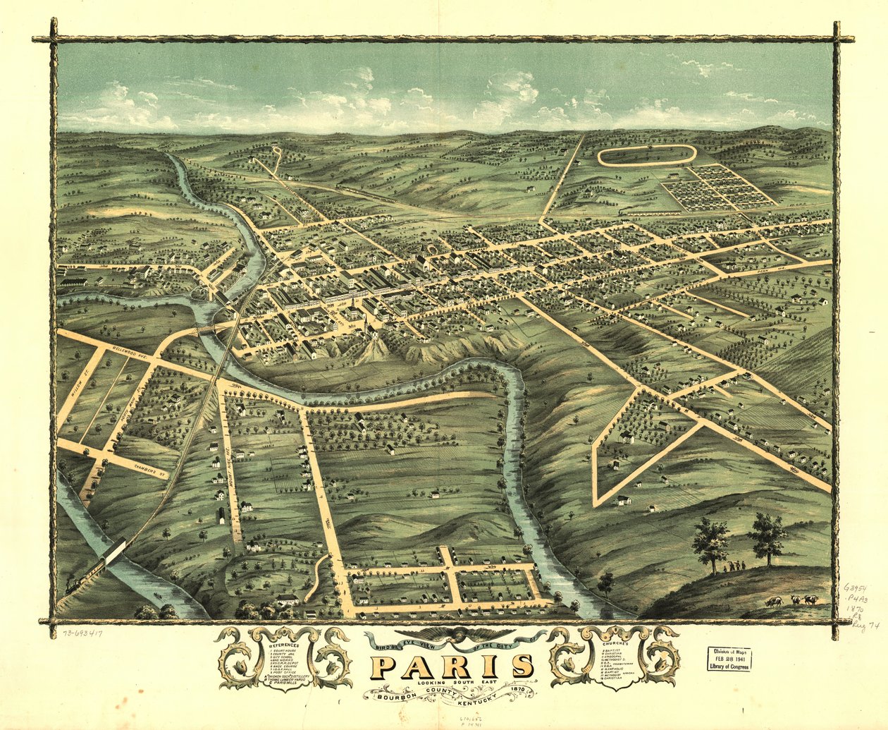 Vista aérea da cidade de Paris, Condado de Bourbon, Kentucky, 1870. LOC 73693417 de A. Ruger