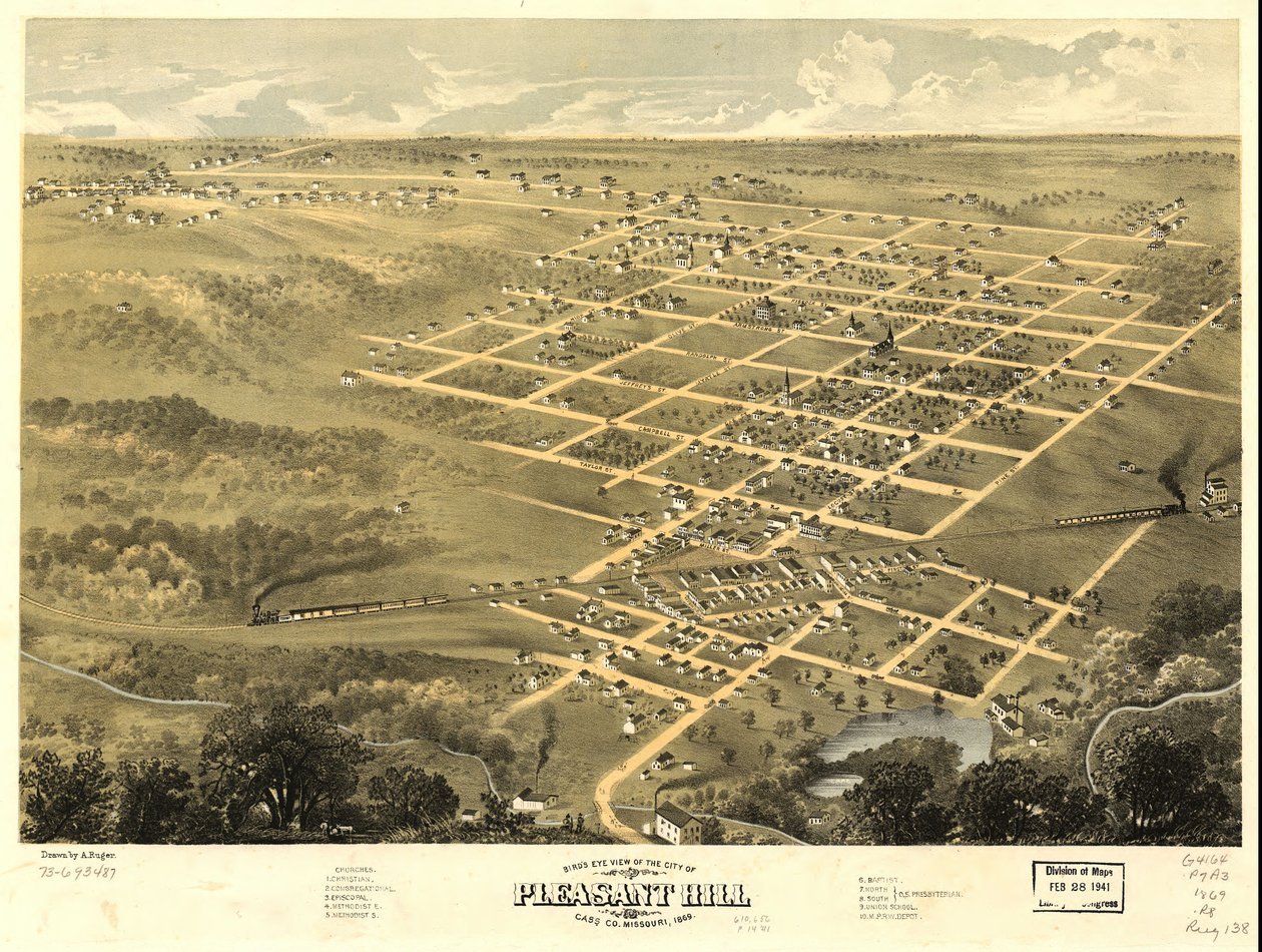 Vista aérea da cidade de Pleasant Hill, Cass Co., Missouri, 1869. LOC 73693487 de A. Ruger
