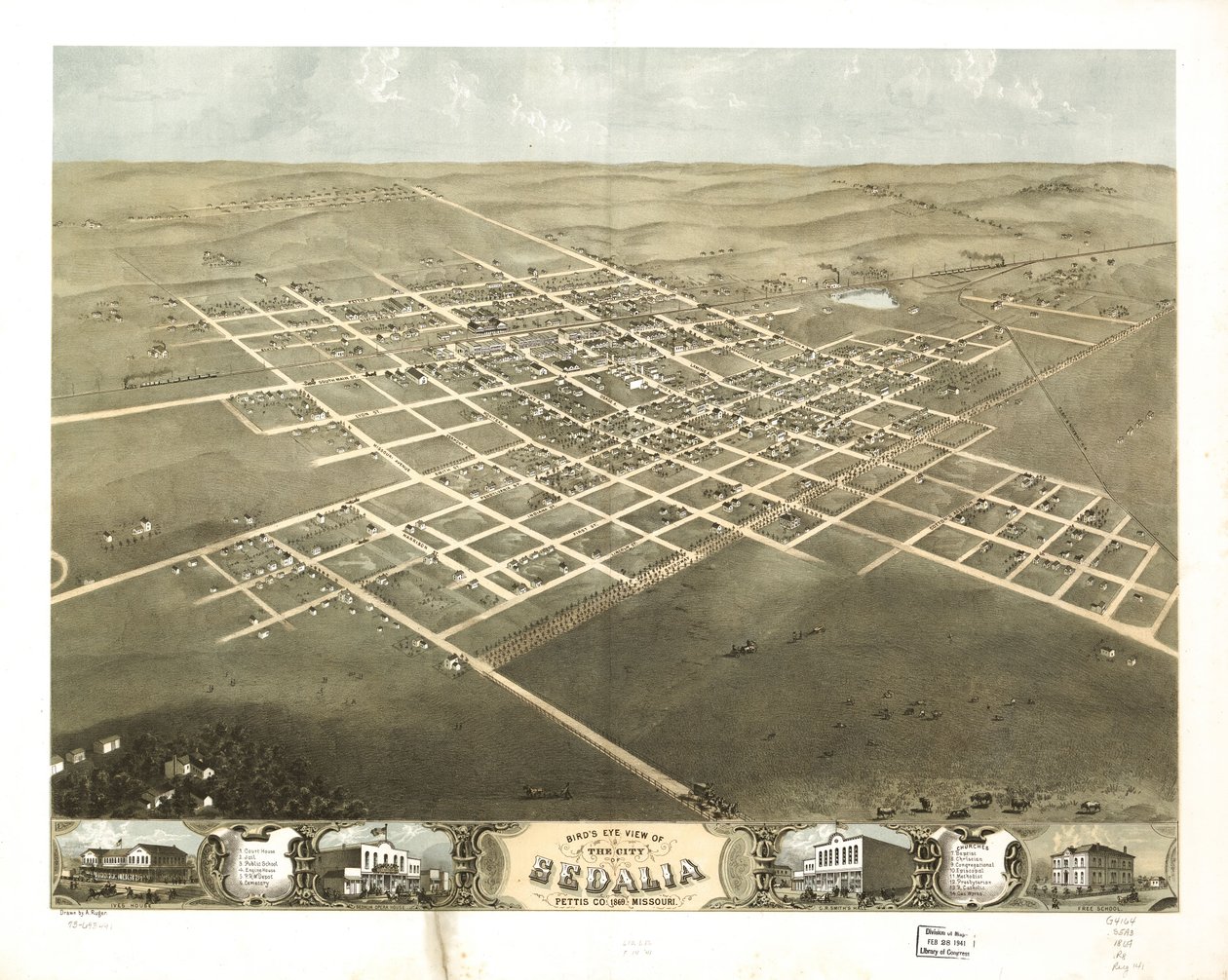 Vista aérea da cidade de Sedalia, Pettis Co., Missouri, 1869. LOC 73693491 de A. Ruger
