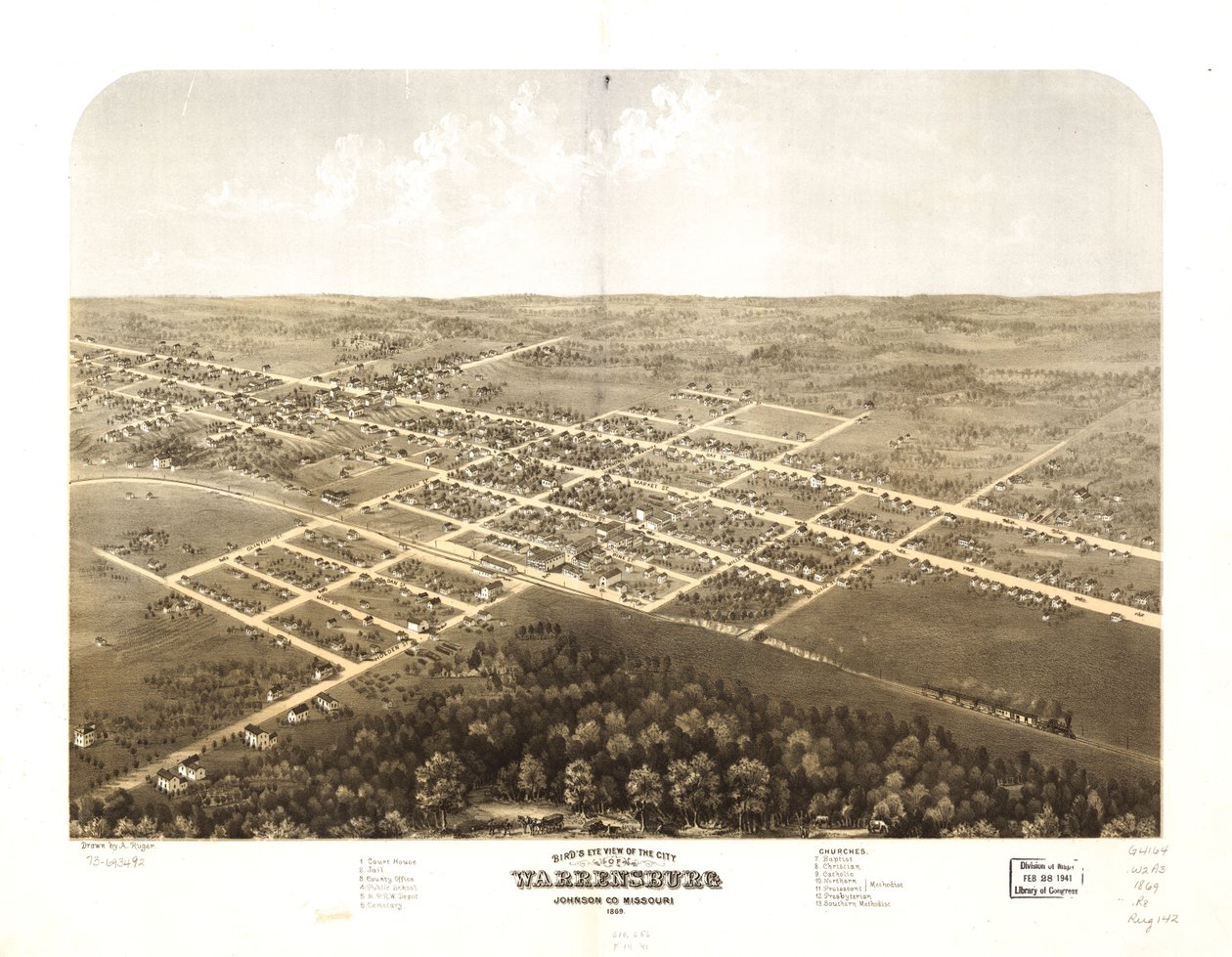 Vista aérea da cidade de Warrensburg, Johnson Co., Missouri, 1869. LOC 73693492 de A. Ruger