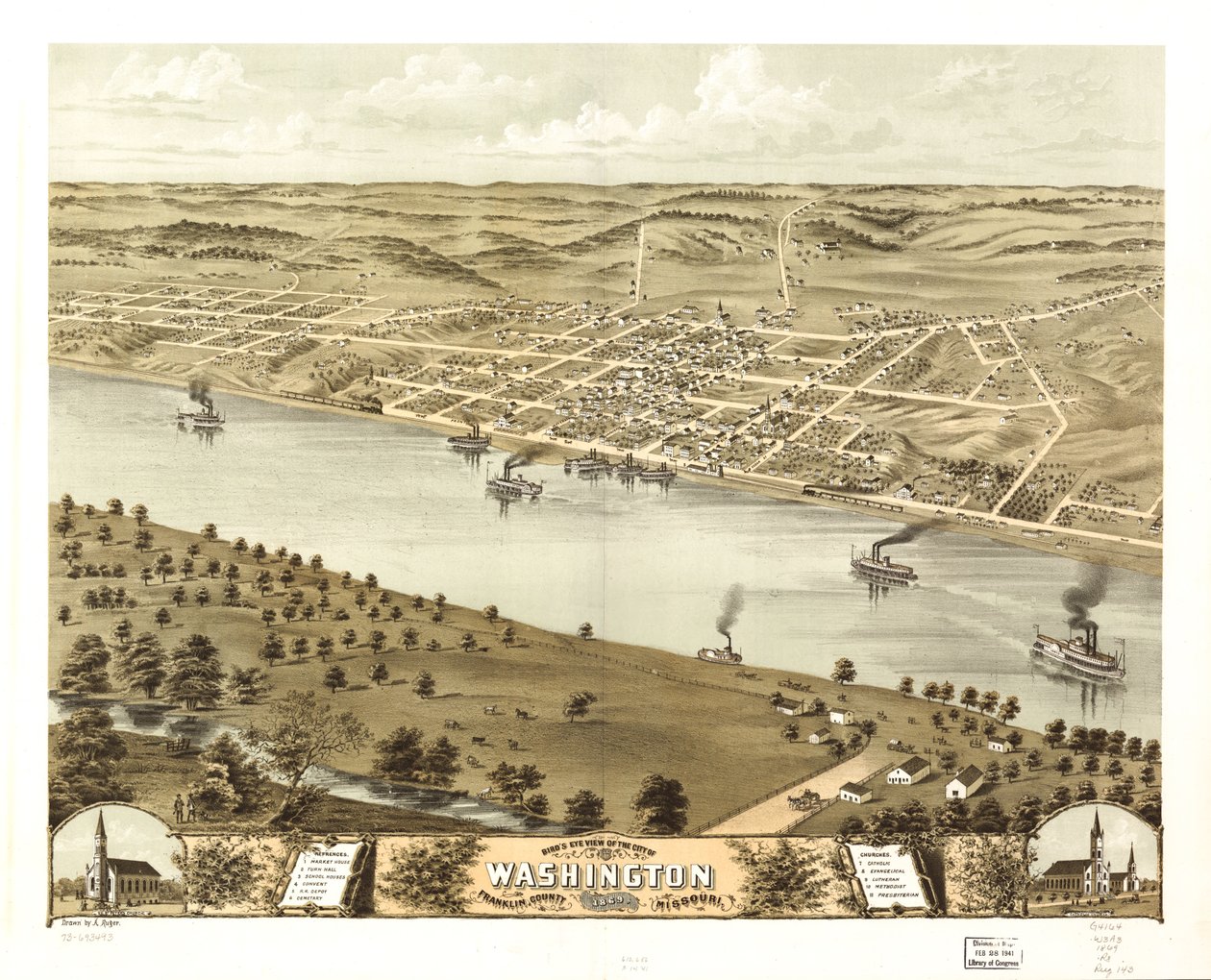 Vista aérea da cidade de Washington, condado de Franklin, Missouri, 1869. LOC 73693493 de A. Ruger