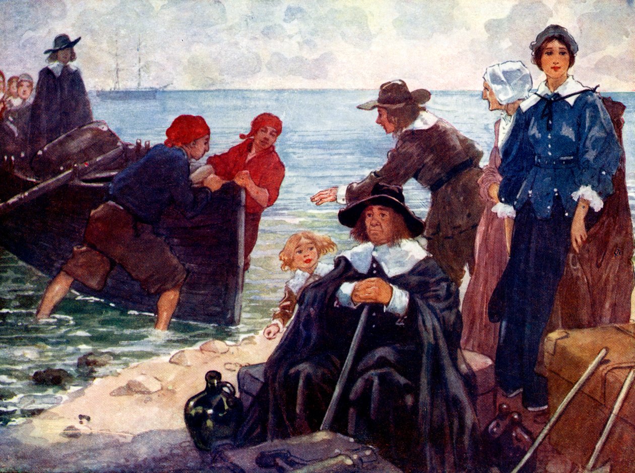 Um bando de exilados atropela sua casca na costa selvagem da Nova Inglaterra, 1620, 1905. de A. S. Forrest