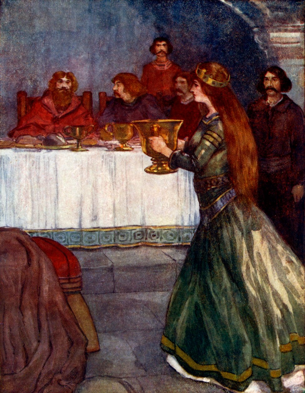 Rowena entrou na sala carregando uma linda taça de ouro, c430 dC, 1905 de A. S. Forrest