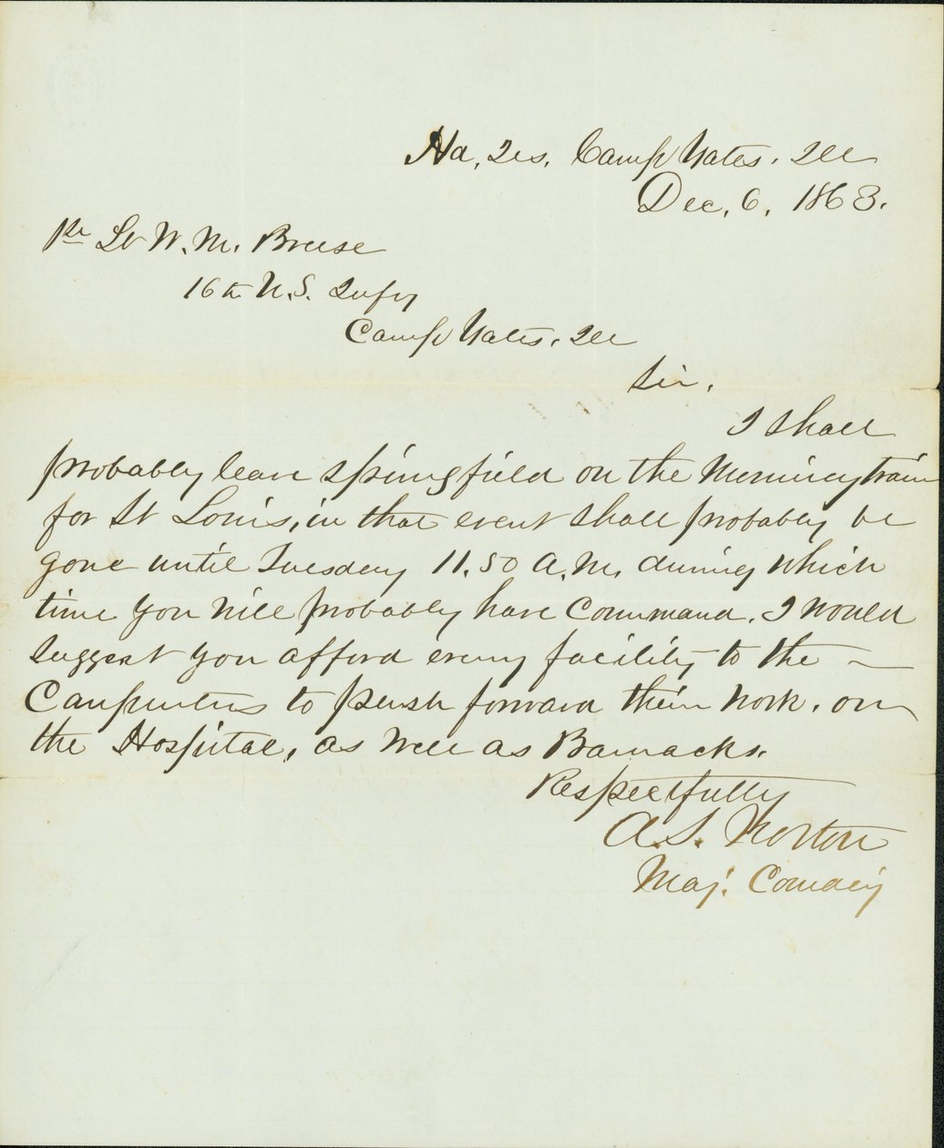 Carta assinada por A.S. Norton, Comando Major, Quartel-General, Camp Yates, Ill., ao 1º Tenente W.M. Breese, 16ª Infantaria dos EUA, Camp Gates, Ill., 6 de Dezembro de 1863 de A. S. Norton