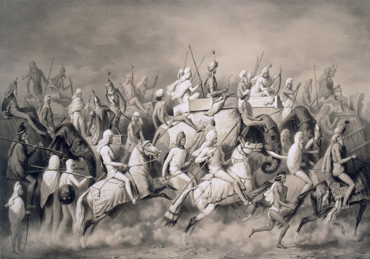 Chir Singh, Maharajah dos Sikhs e Rei do Punjab com a sua comitiva de caça perto de Lahore, 1859 de A. Soltykoff