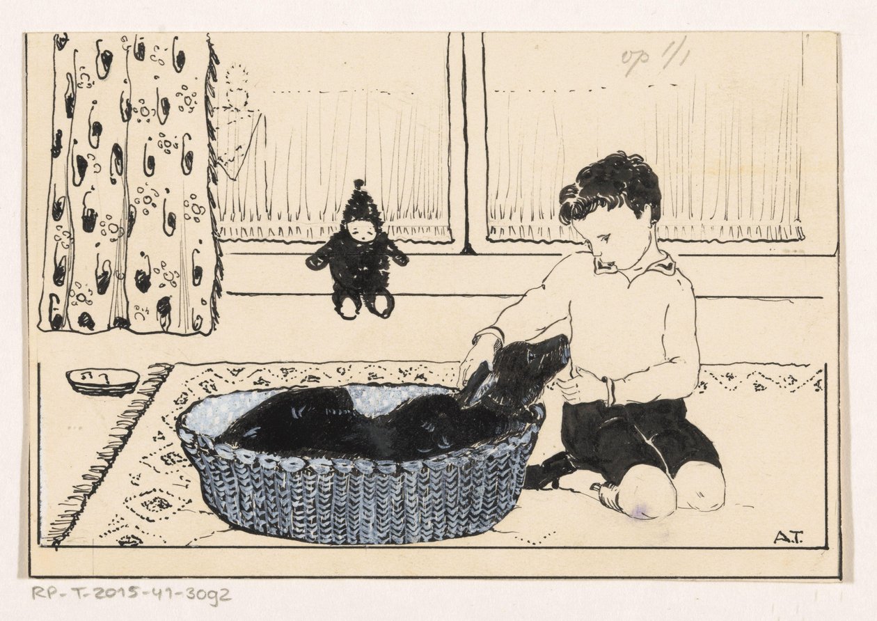 Rapaz a acariciar um cão de A. Tinbergen (signed by artist)