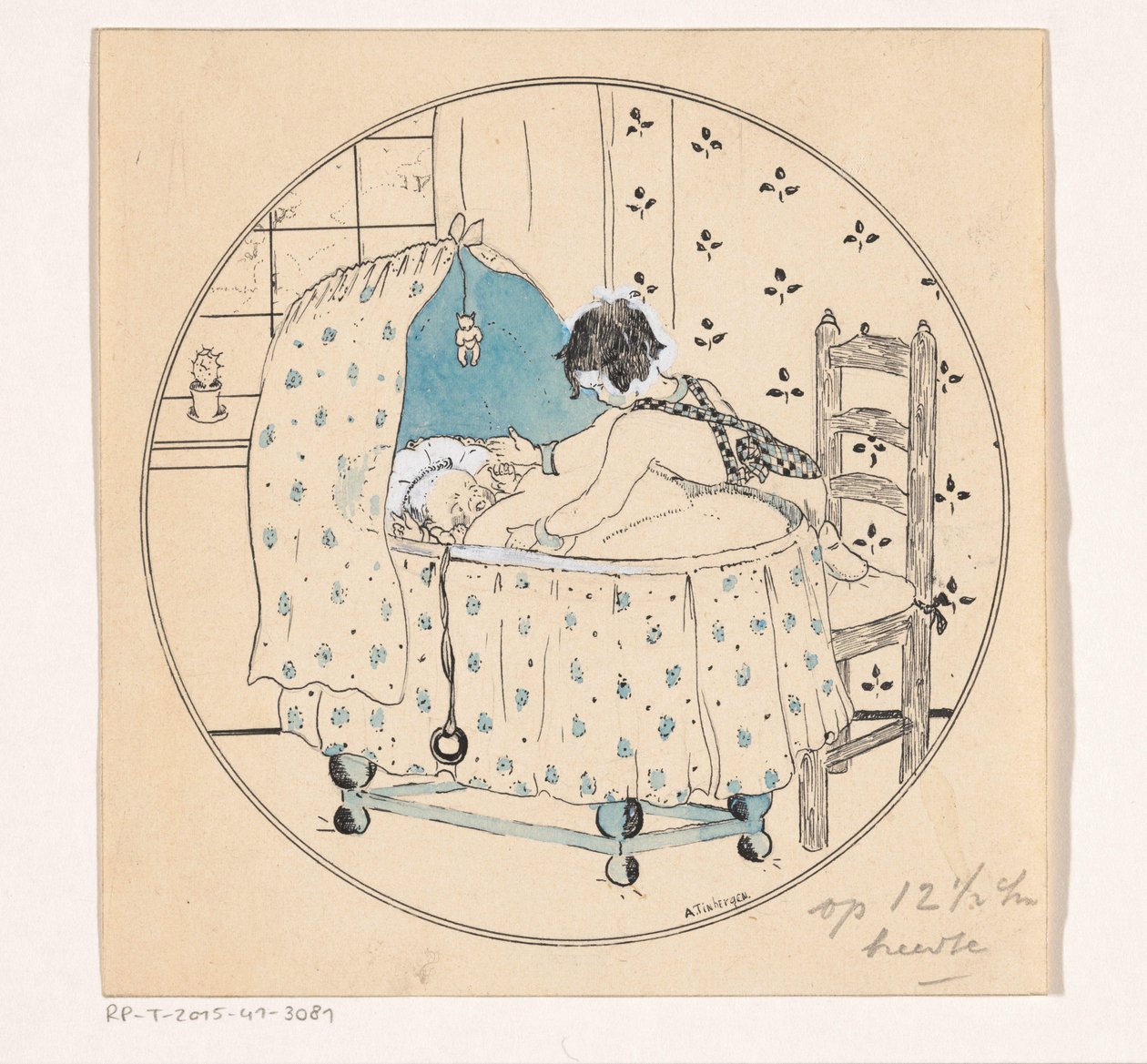 A menina quer levantar o bebé do berço de A. Tinbergen (signed by artist)