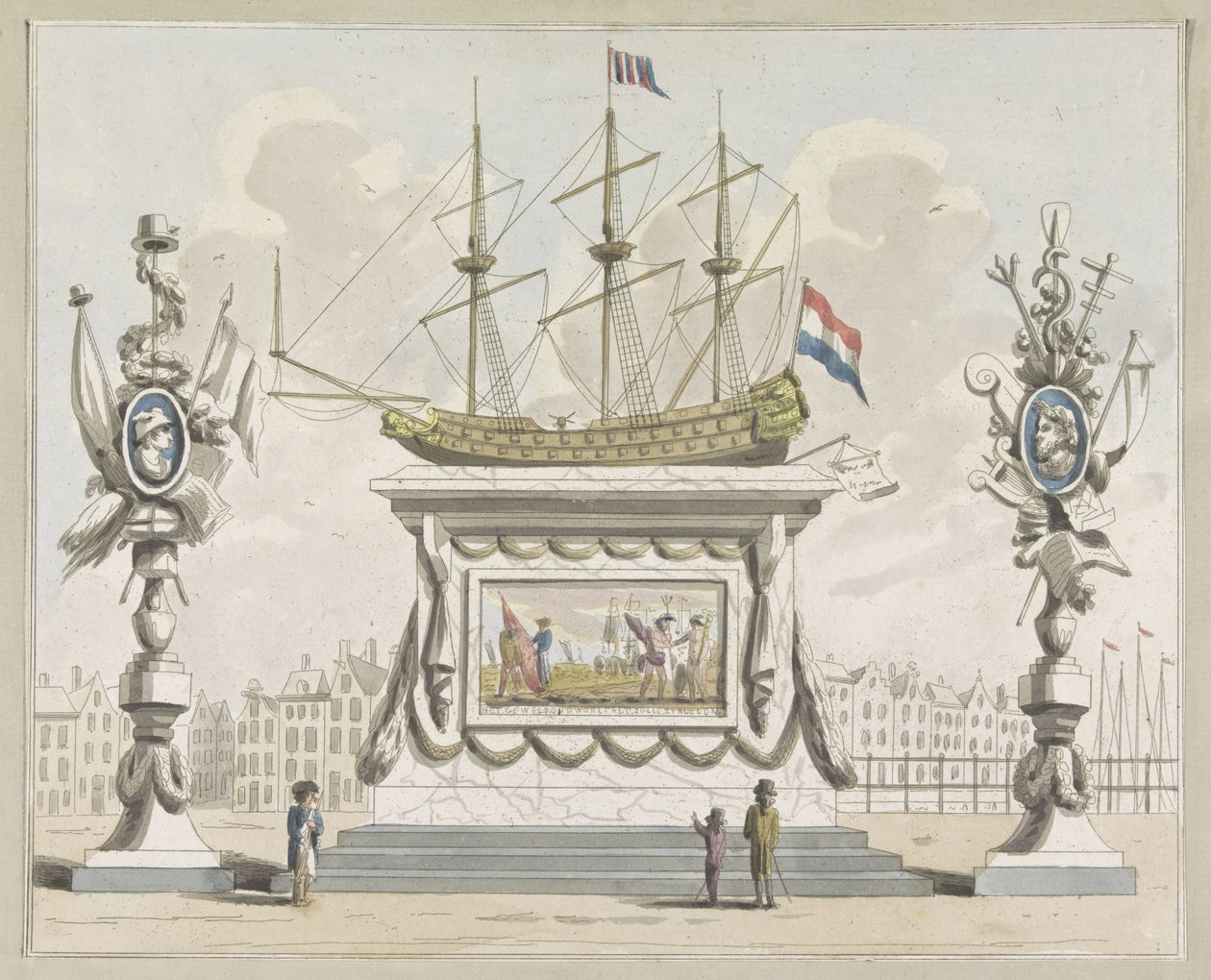 Comércio e Expedição, decoração sobre o Nieuwmarkt, 1795
Dez pratos das decorações na festa da Aliança em Amesterdão em 1795 (título da série) de A. Verkerk