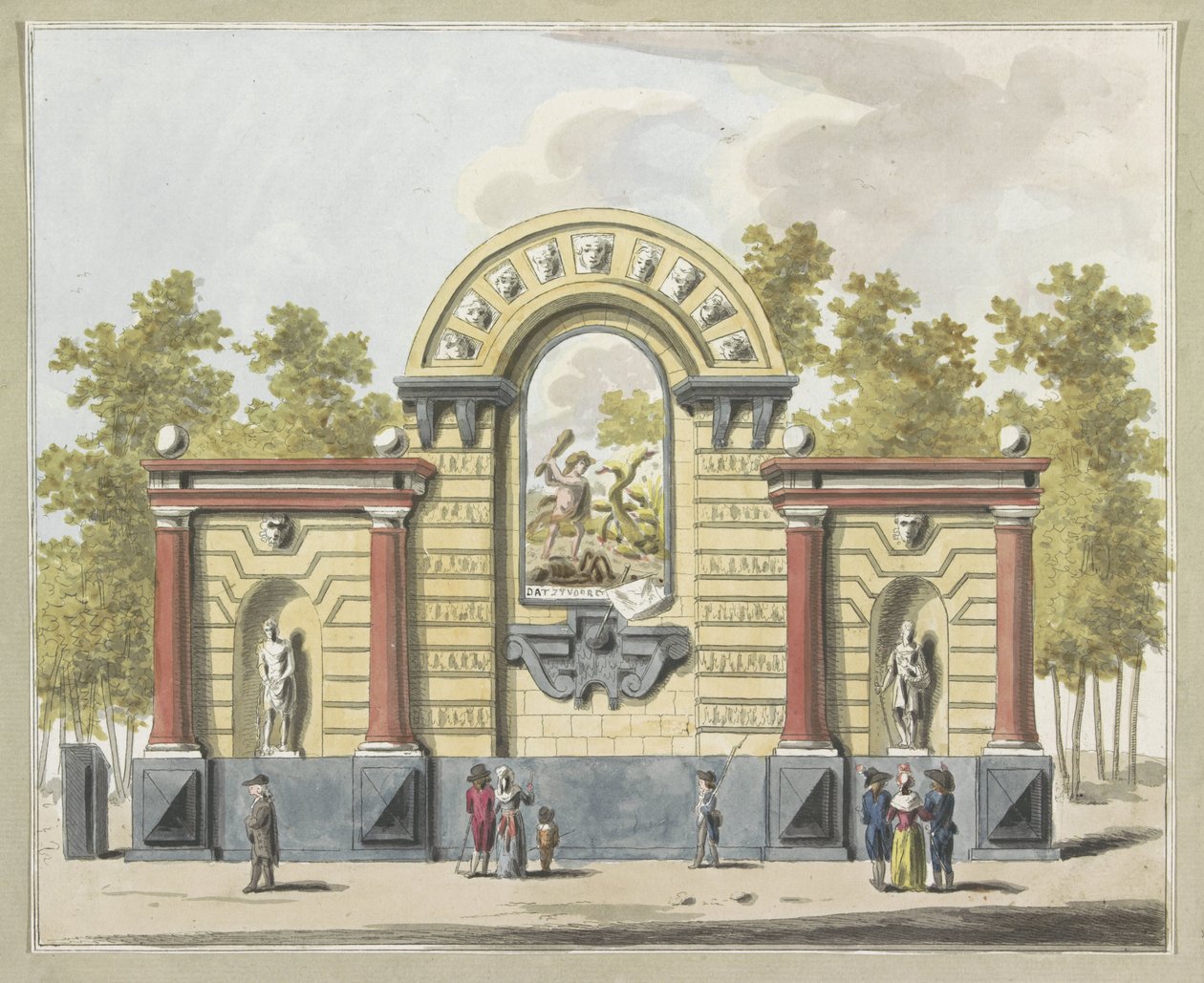 Destruição da Aristocracia, decoração sobre o Westermarkt, 1795
Dez pratos das decorações na festa da Aliança em Amesterdão em 1795 (título da série) de A. Verkerk