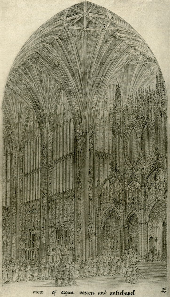 Desenho arquitetônico: vista da tela do órgão e antichapel, 1833-1834, 1906. de A. W. N. Pugin