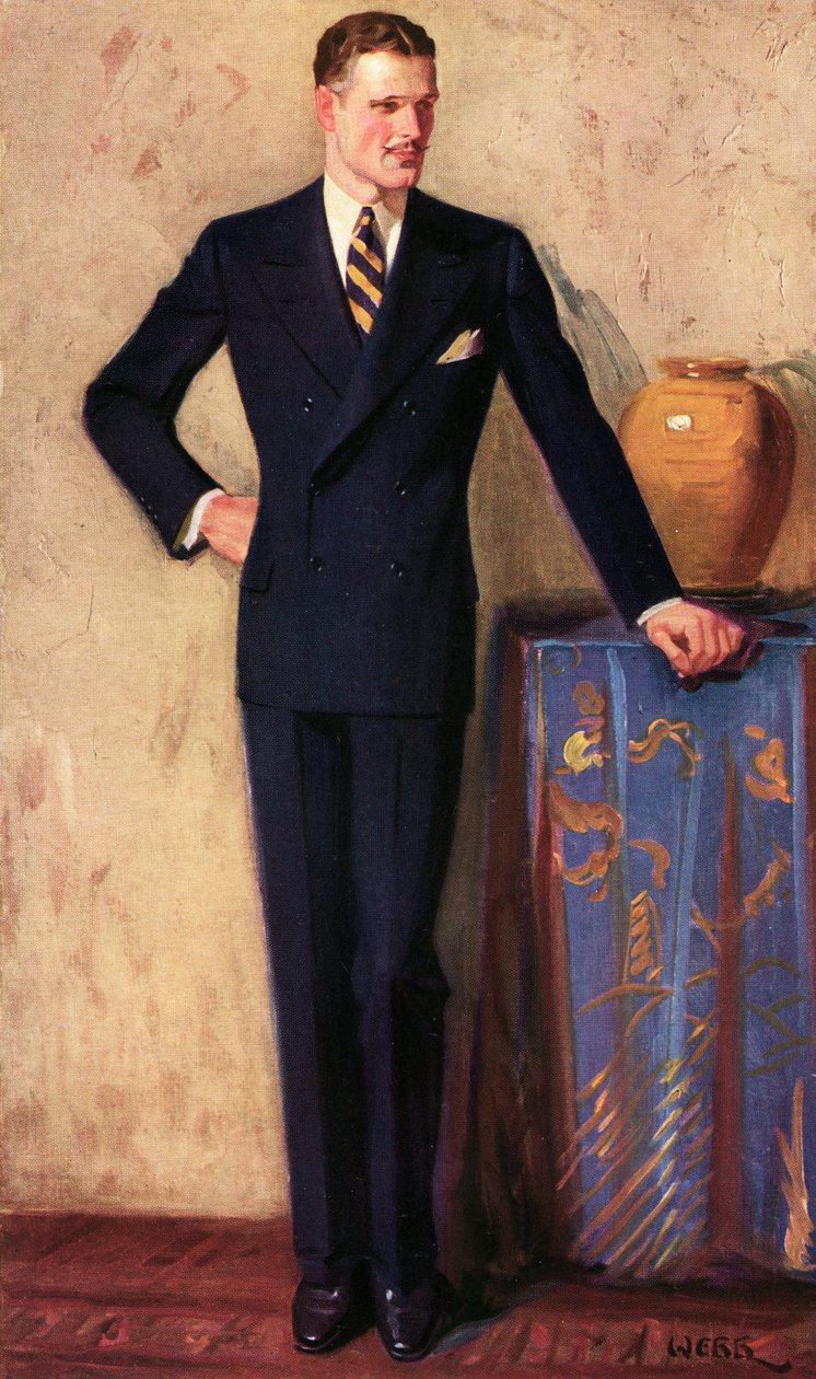 Ilustração do fato de homem com duplo peito, c.1925 (estampado) de A. Webb