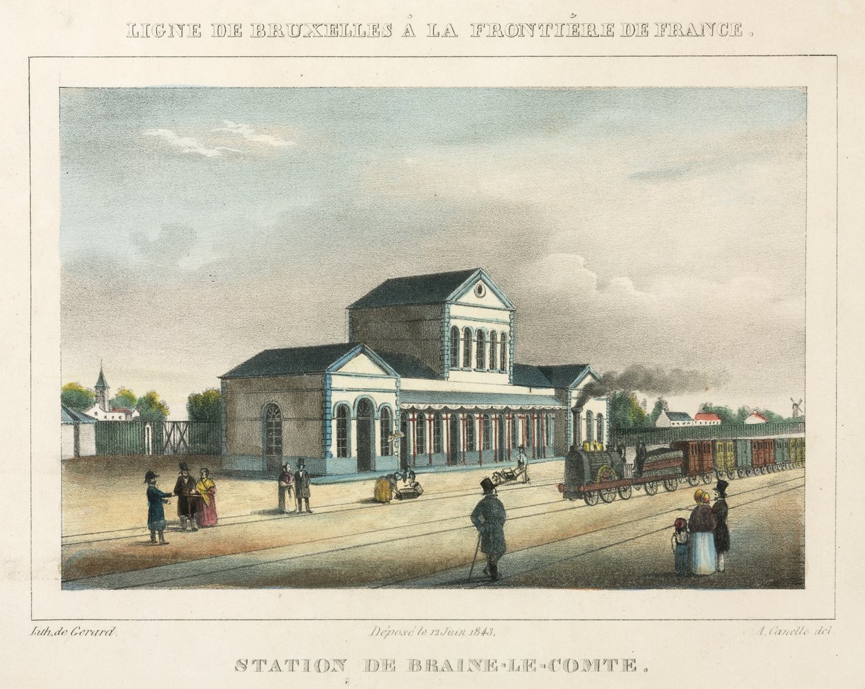 Estação de Braine-le-Comte, Bélgica, gravada por Gerard, 1843 de A. after Canelle