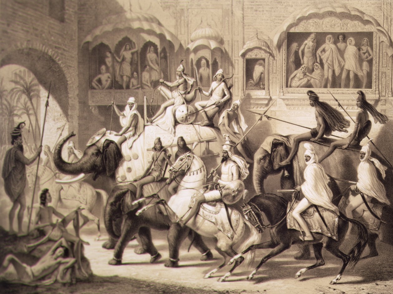 Uma rua em Lahore, de Voyage in India, gravada por Louis Henri de Rudder (1807-81) 1842 (litografia tingida) de A. after Soltykoff