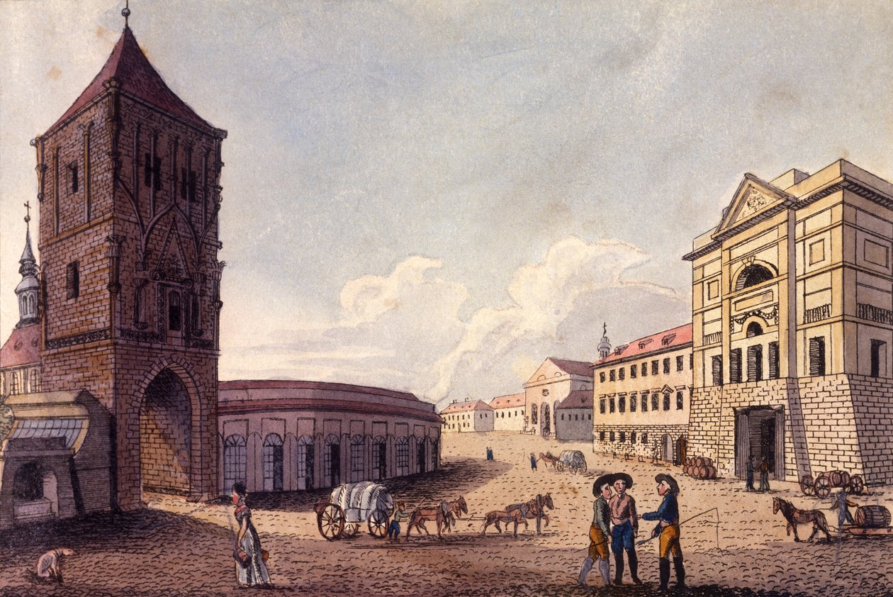 Torre da Pólvora e Casa de Alfândega de Hybern, Praga, c.1810 (gravura colorida) de A. and Berka, Johann Gustav