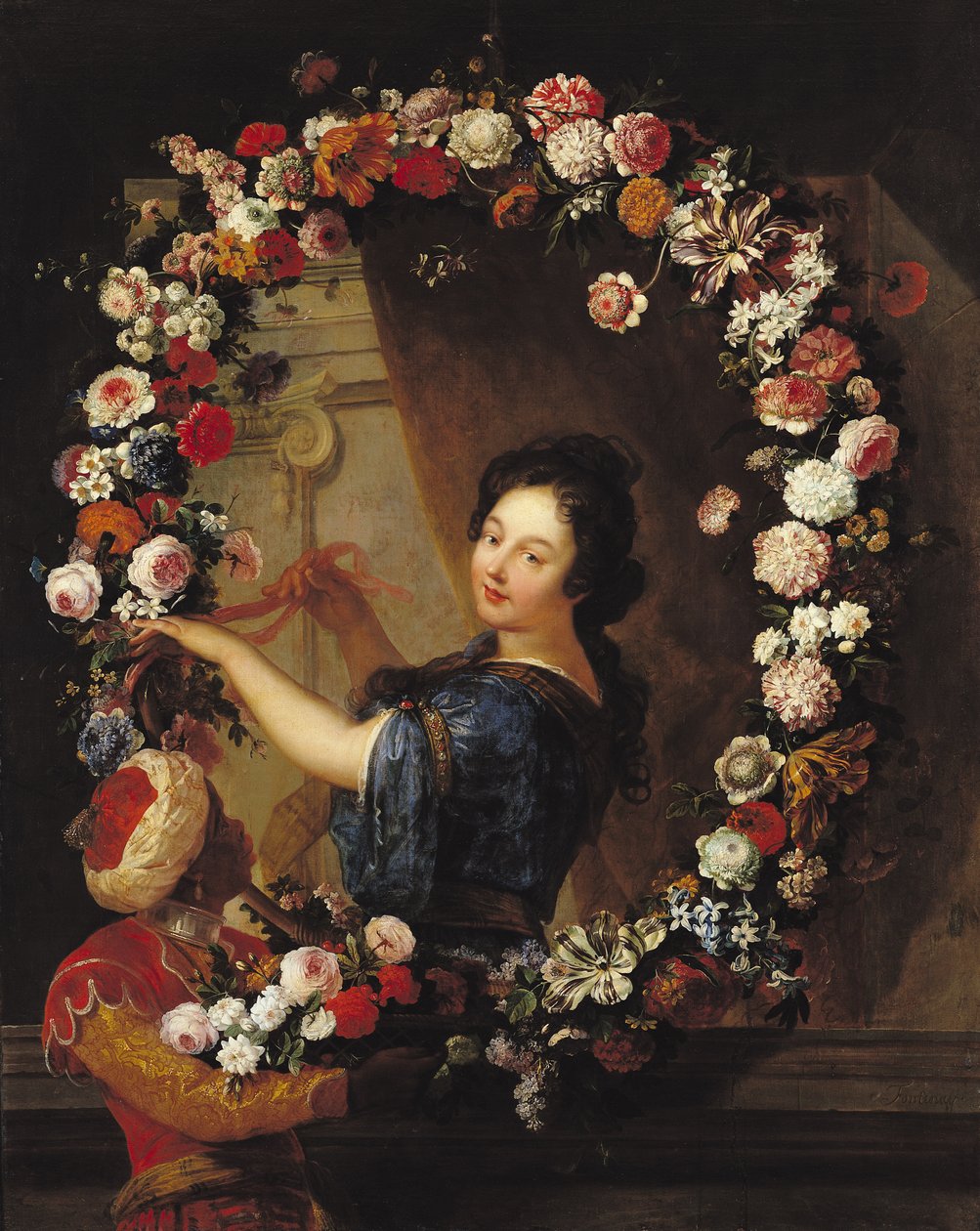 Retrato de uma mulher cercada por flores, presume-se que seja Julie d&39;Angennes de A. de Fontenay