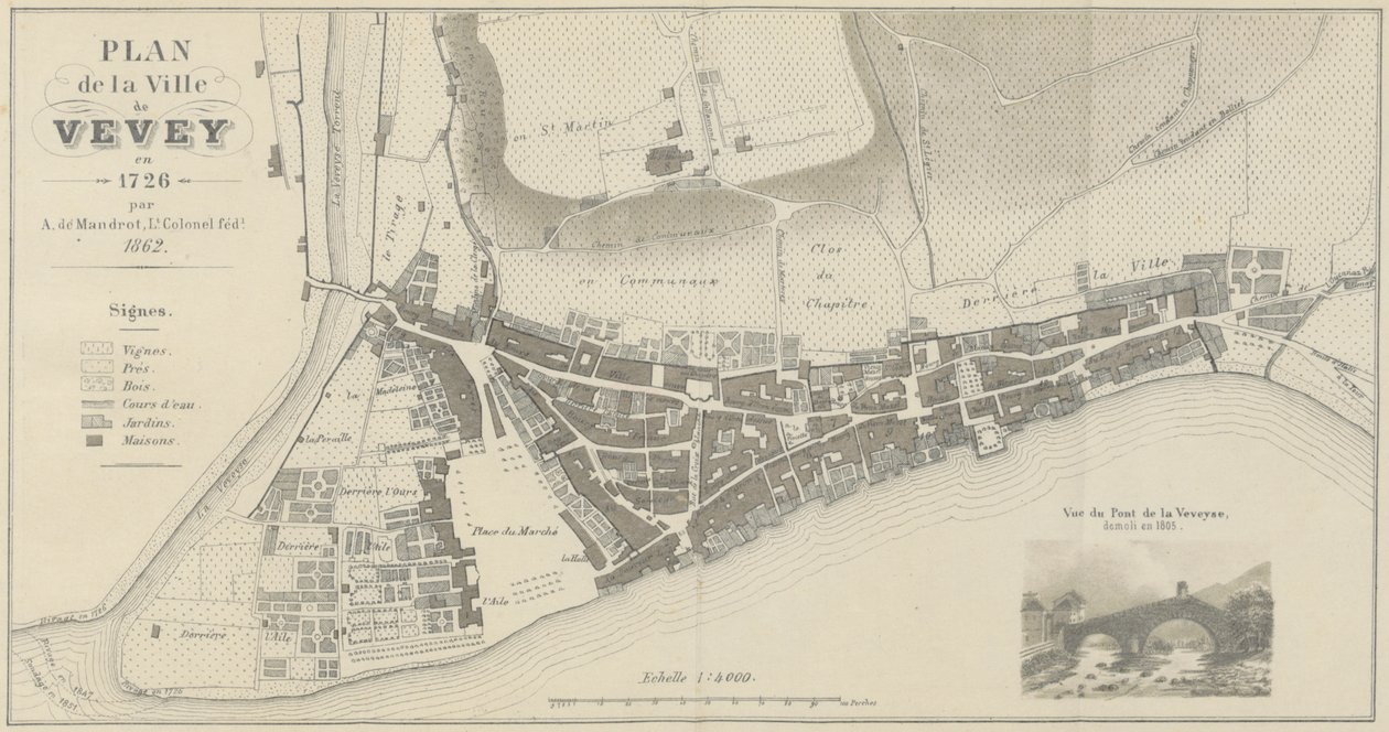 Mapa da cidade de Vevey em 1726 de A. de Mandrot