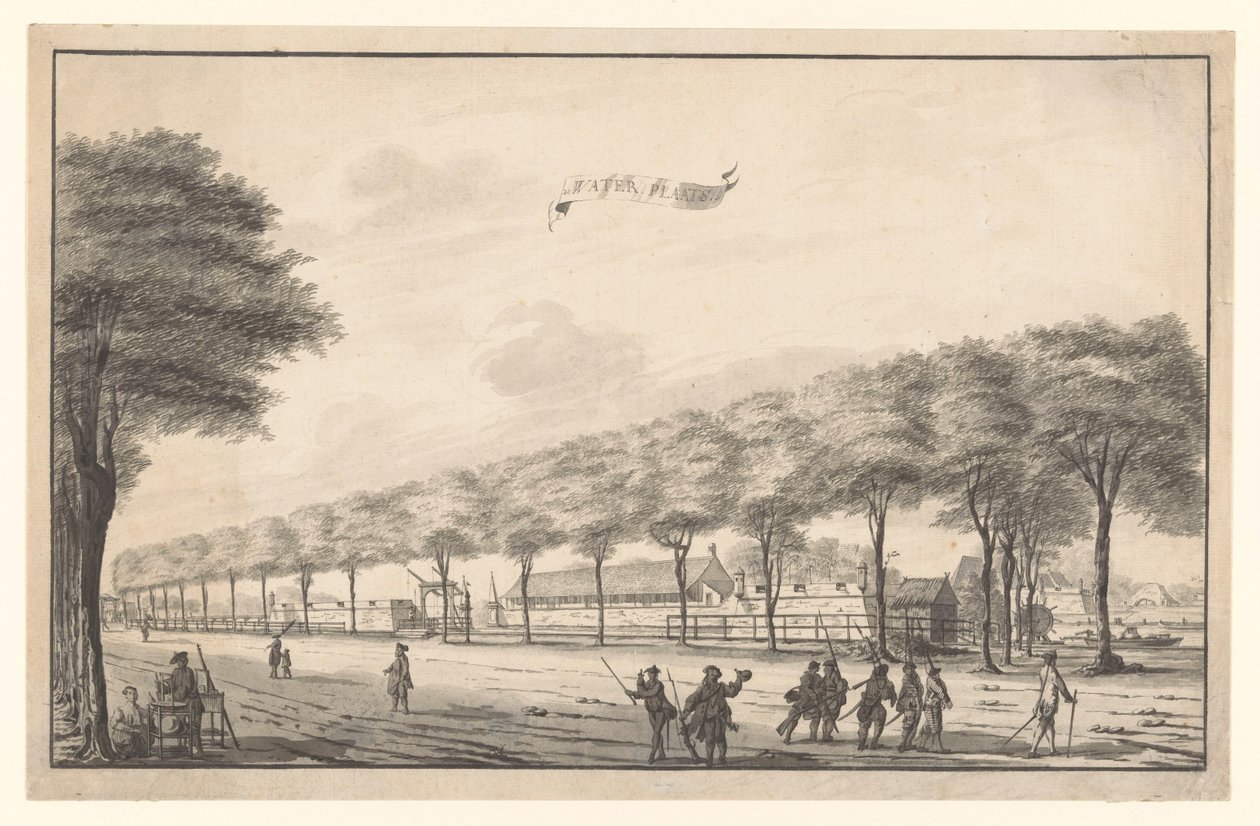 Vista do Fort de Waterplaats no Molenvliet em Batávia Waterhole (título no objeto) de A. de Nelly (possibly)