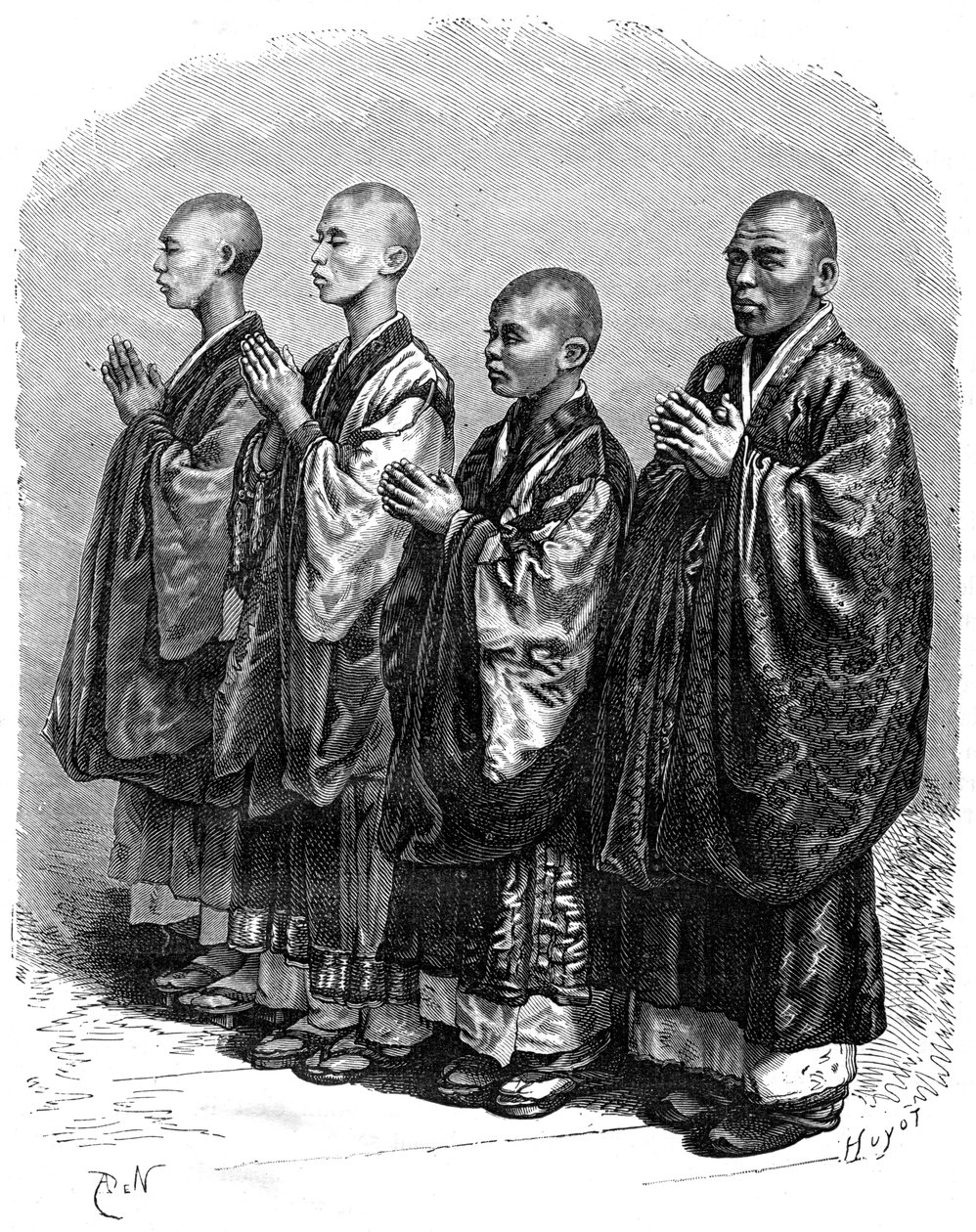 Budistas em oração, Japão, século XIX. de A. de Neuville