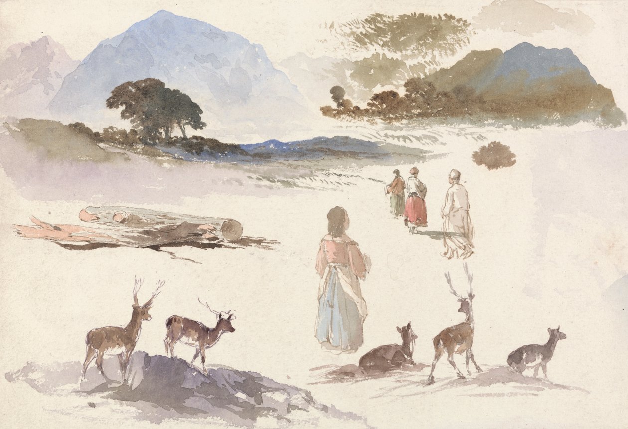 Folha de Estudos de Veados, Figuras e Paisagem de Aaron Edwin Penley