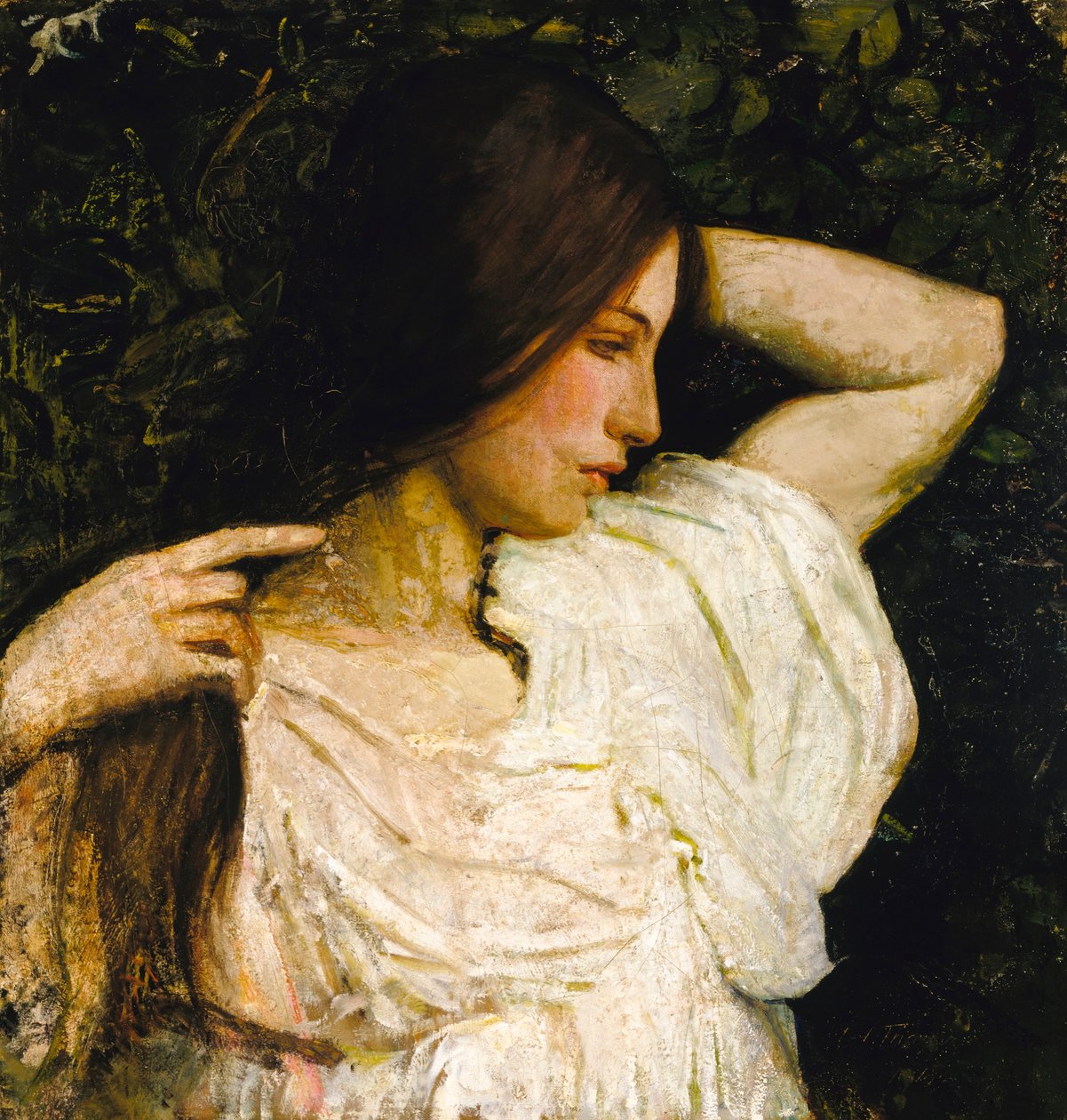 Rapariga a arranjar o cabelo de Abbott Handerson Thayer