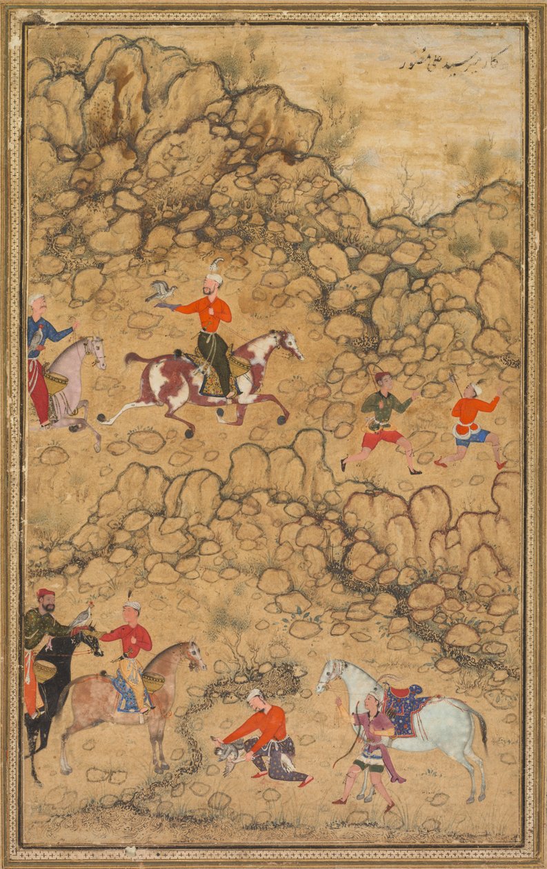 Caçando com falcões em uma paisagem, Verso: Caligrafia de poemas turcos de Chaghatai ..., c. 1558-60. de Abd al-Samad