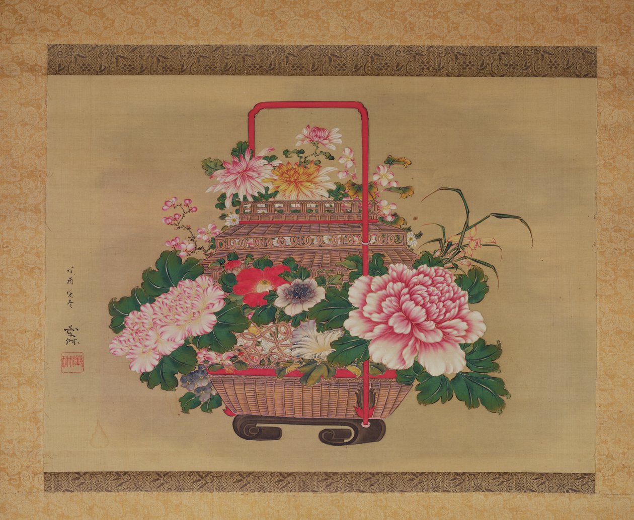 Cesta de flores, 1837 (tinta e cores na seda) de Abe Kan Torin