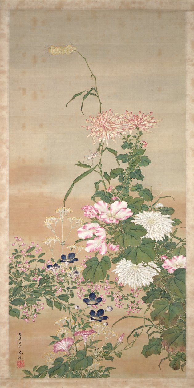Flores no outono de 1826 (tinta, cores e ouro na seda) de Abe Kan Torin